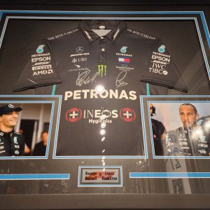 Framed George Russell And Lewis Hamilton Autographed F1 Jersey W/ JSA