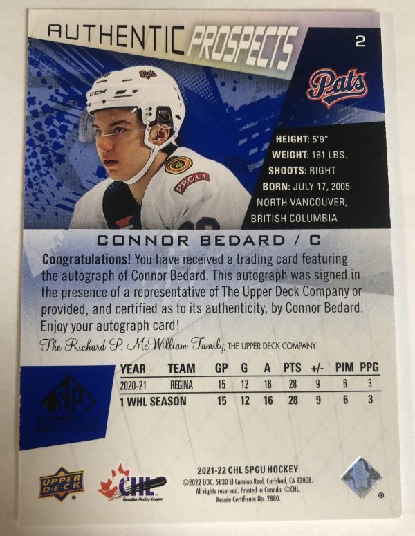 Connor Bedard 2021-22 UD CHL SPGU Authentic Prospects Auto #2