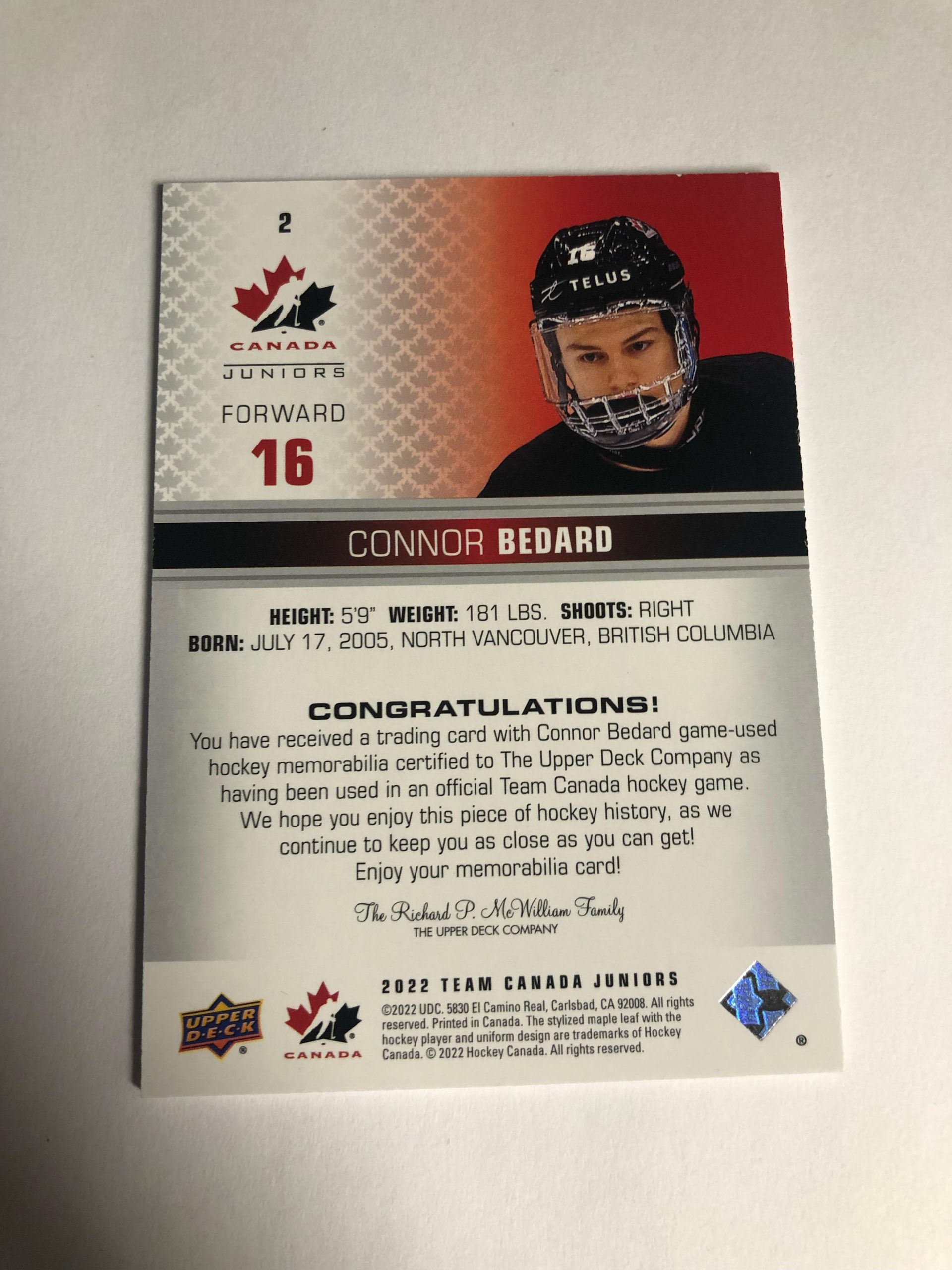 Connor Bedard 2022-23 UD Team Canada Juniors Jersey Card #2 | Icons and ...