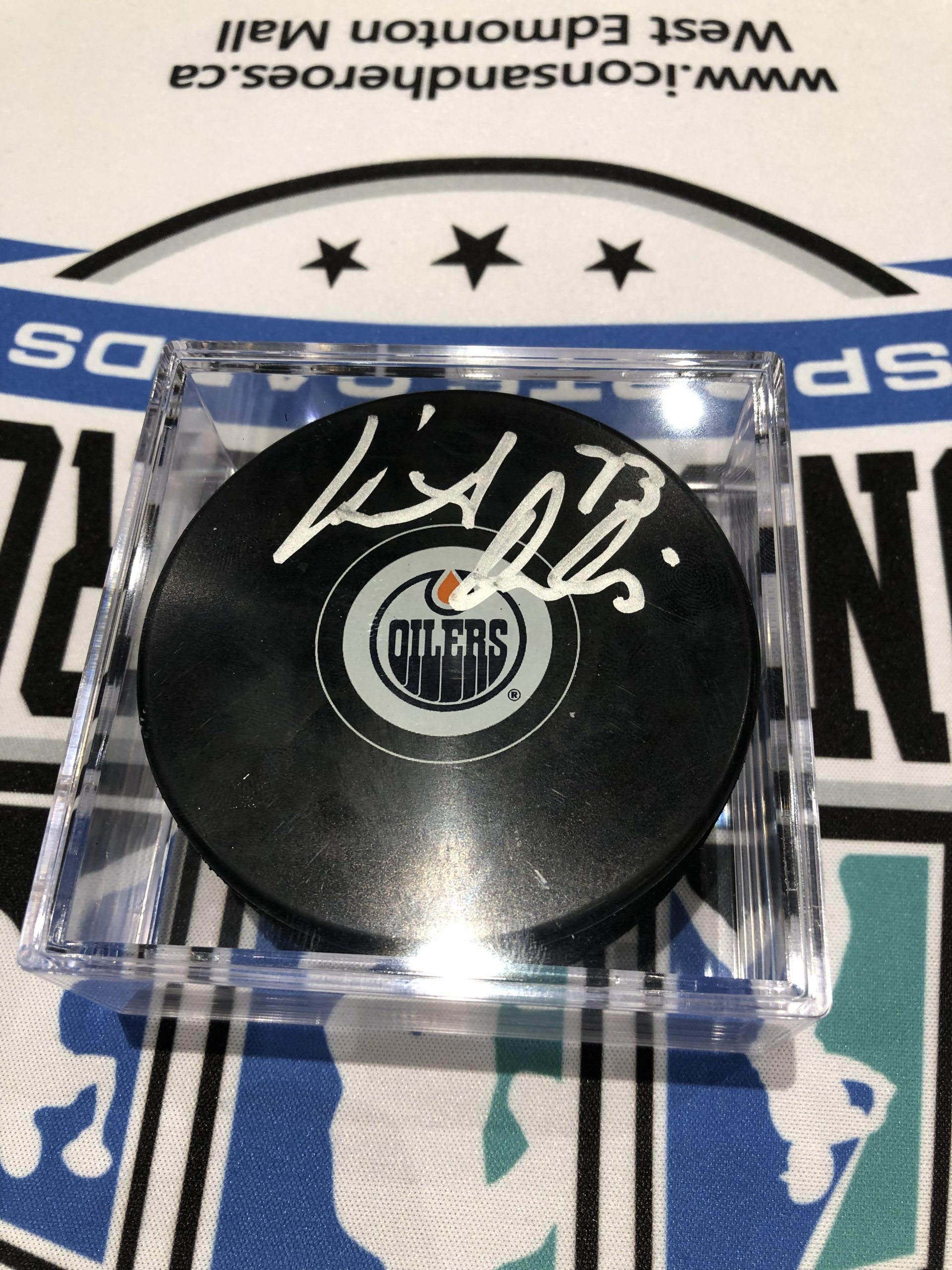 Vincent Desharnais Autographed Oilers Puck w/COA | Icons and Heroes