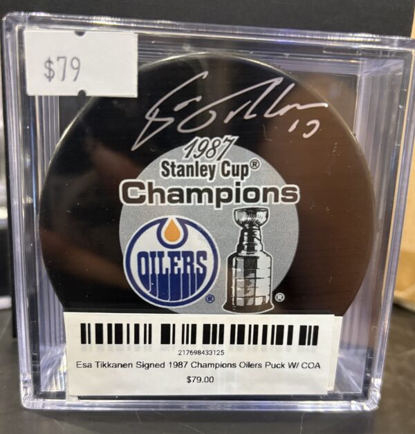 Esa Tikkanen Signed 1987 Champions Oilers Puck W/ COA