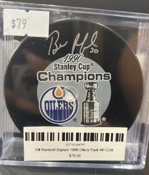 Bill Ranford Signed 1990 Oilers Puck W/ COA