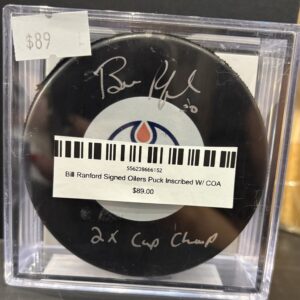 Bill Ranford Signed Oilers Puck Inscribed W/ COA