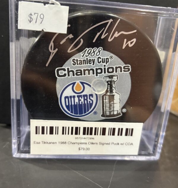 Esa Tikkanen Signed 1988 Champions Oilers Puck w/ COA