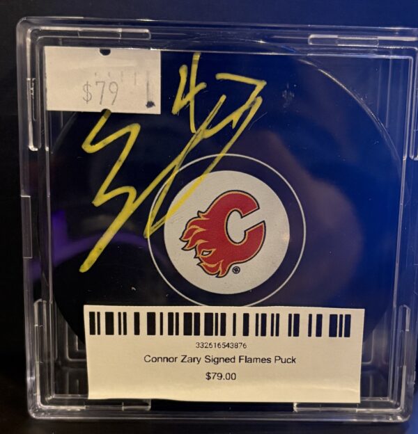 Connor Zary Signed Flames Puck