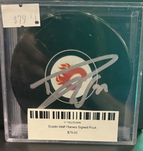 Dustin Wolf Flames Signed Puck
